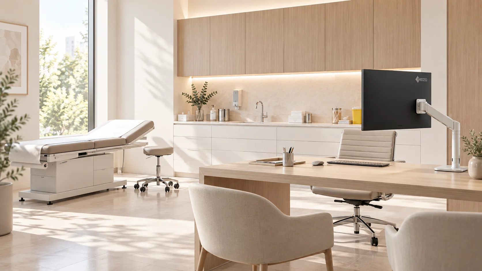 Cabinet médical clair, écran EIZO sur bras de bureau au-dessus du bureau de consultation