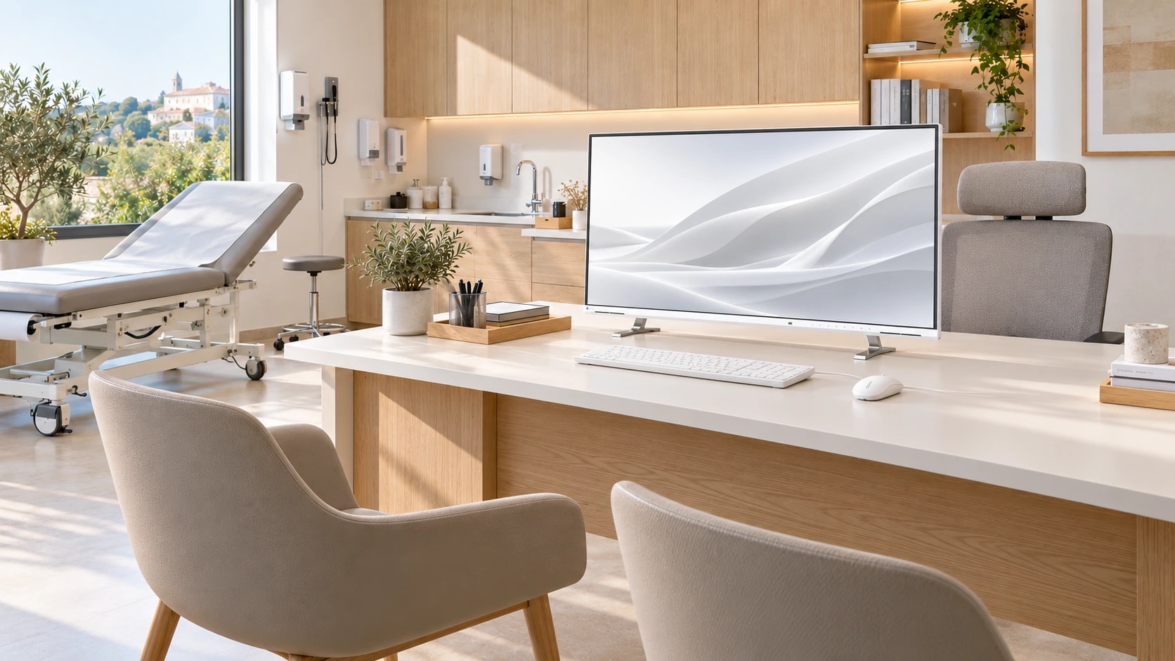 Visuel d’illustration : grand écran FlexScan EV4340X blanc sur ses deux pieds au bureau d’un cabinet médical moderne.