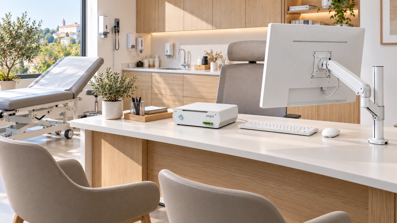 Visuel d’illustration : ordinateur médical compact ONYX au bureau de consultation, avec écran, clavier et souris.