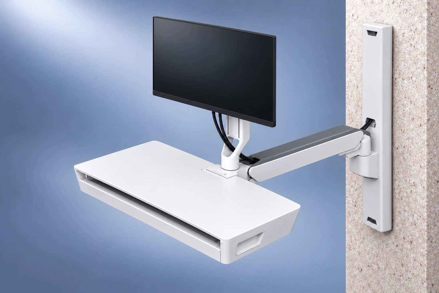 Ergotron CareFit Combo avec plan de travail, vue trois quarts en studio.