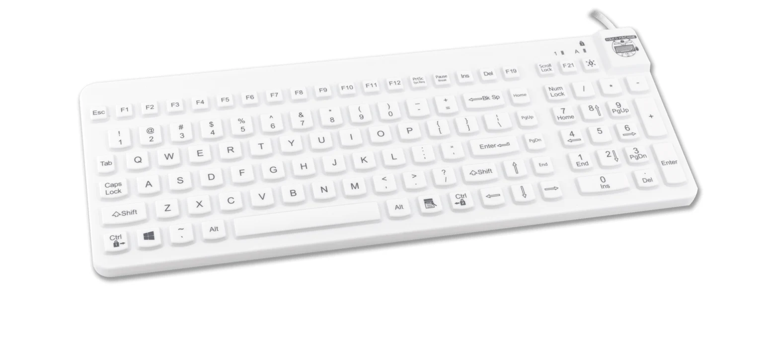 Clavier médical Man & Machine Really Cool blanc vu en perspective.